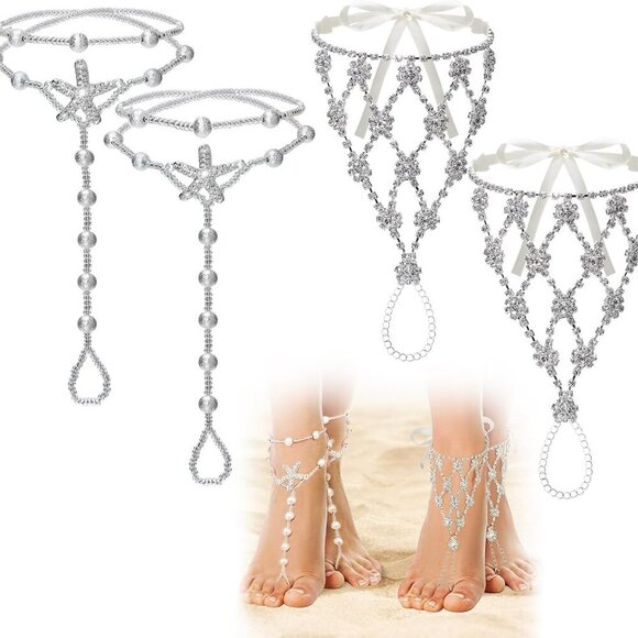Jewelry - Barefoot Sandals Starfish Rhinestones Bead Chain Adjustable for Beach Parties